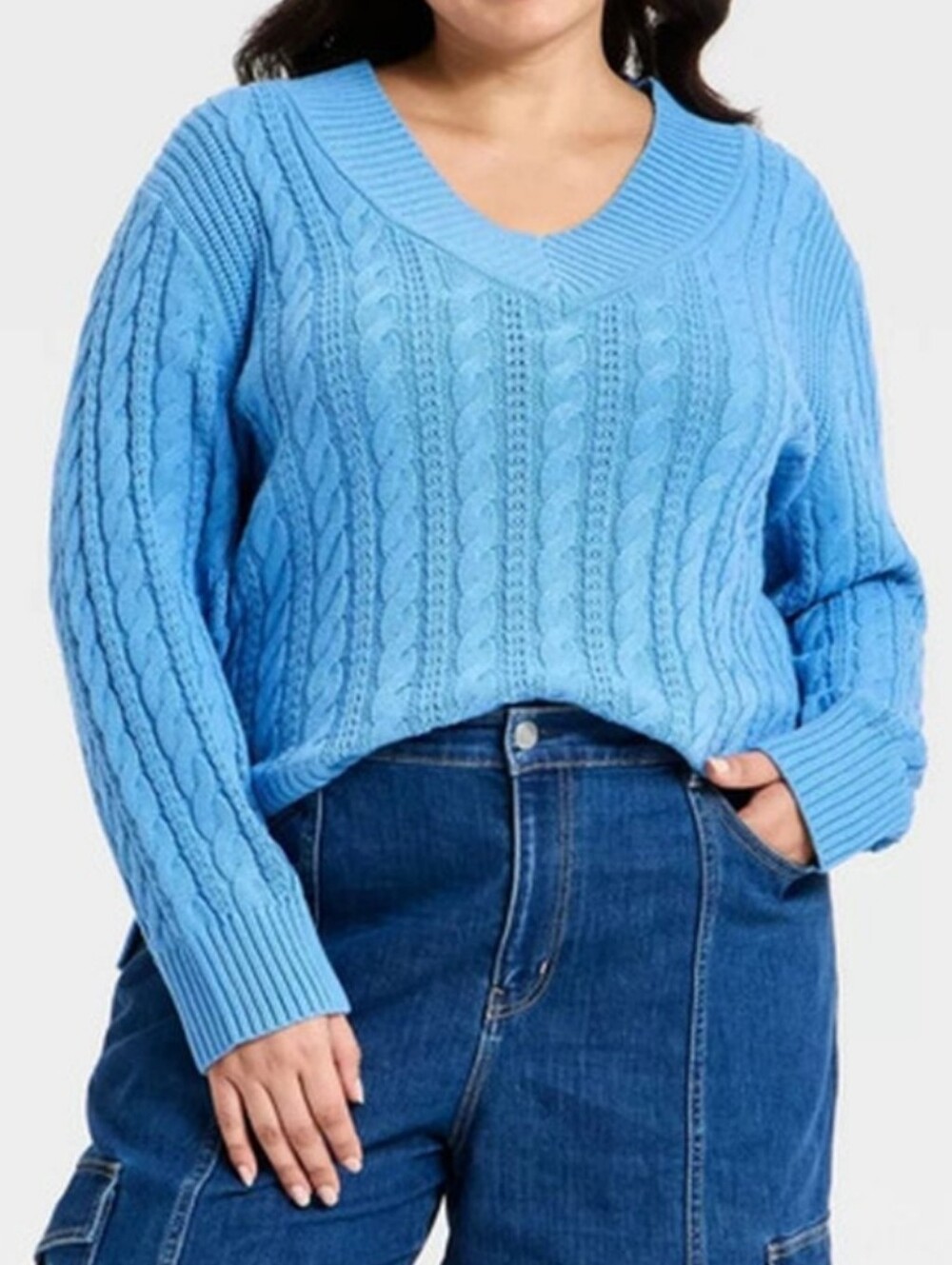 Ava & Viv Women's Long Sleeve Cable Knit V-Neck Pullover Sweater